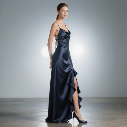Midnight Siren" Gown: Exquisite Dark Navy Satin Evening Dress
